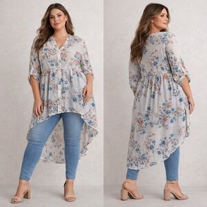 Torrid Floral Print High Low Tunic Shirt Dress Button‎ Up Sheer Size 2 / 2X